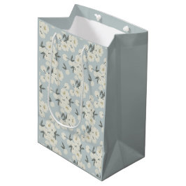 Sacola Para Presentes Média Peônias Creme em Azul Claro 