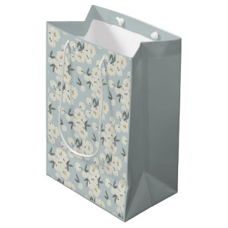 Sacola Para Presentes Média Peônias Creme em Azul Claro