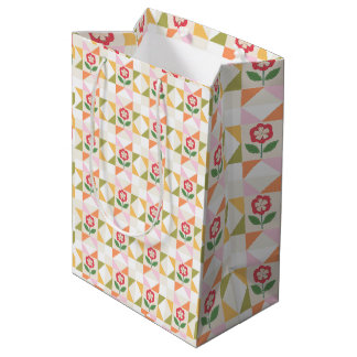 Sacola Para Presentes Média Pequeno bloco de colcha de flor vermelha