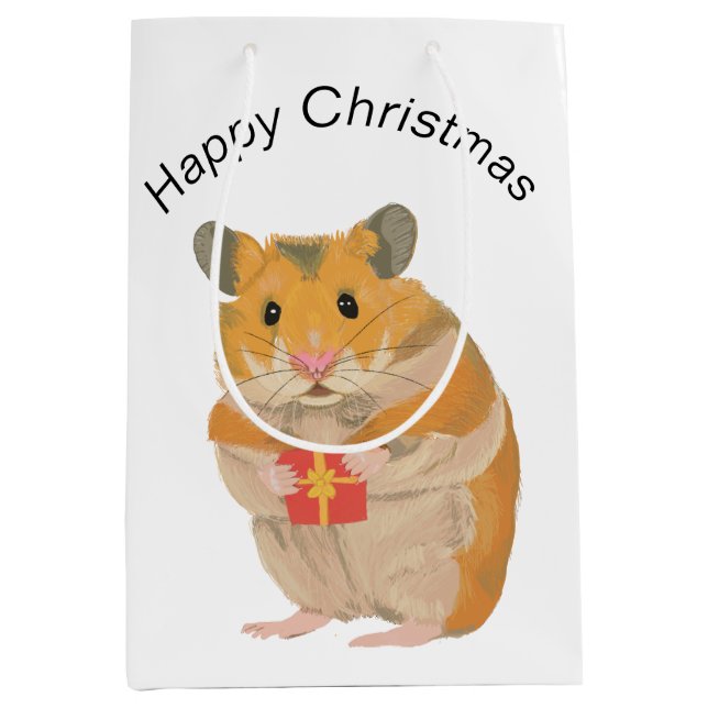 Sacola Para Presentes Média Pequeno Hamster de Natal bonito segurando um prese (Frente)