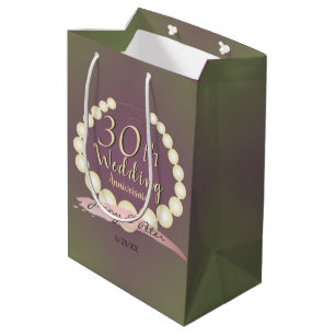 Sacola Para Presentes Média Pérolas de 30 de Aniversário na Moss de Plum