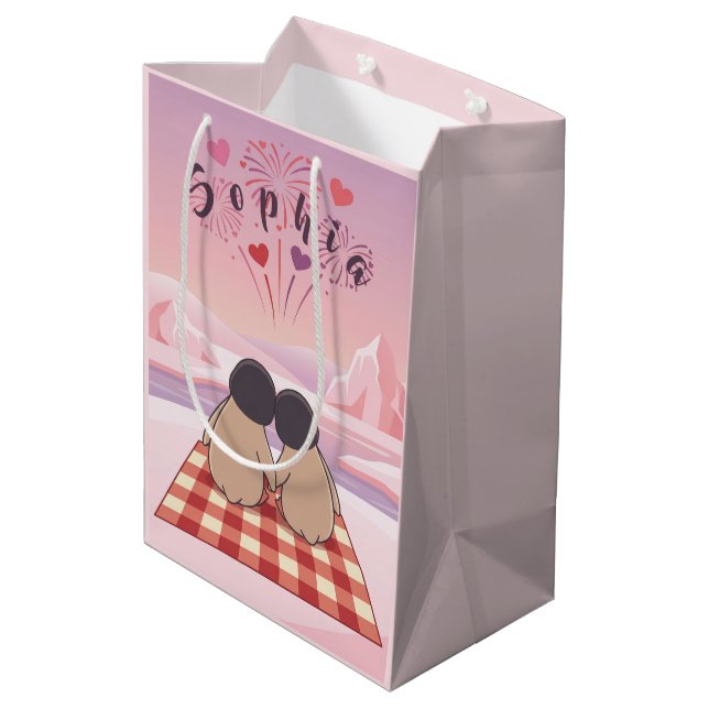 Sacola Para Presentes Média Personalised Cute Penguin Valentine Picnic (Verso inclinado)