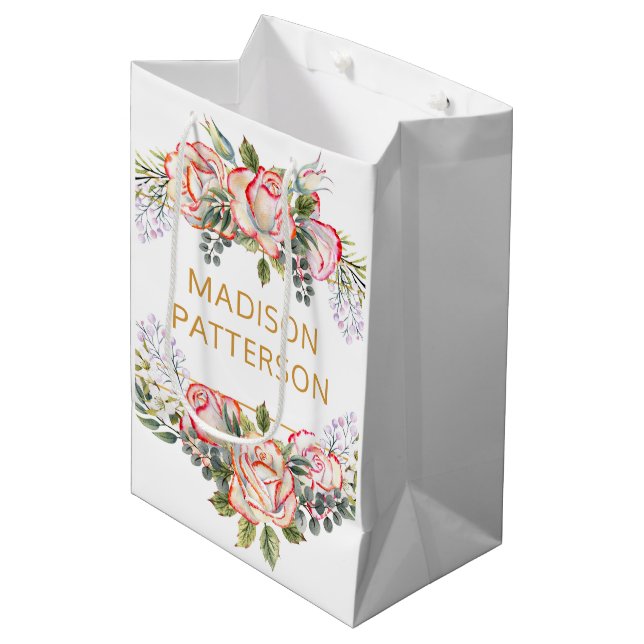 Sacola Para Presentes Média Personalizado Elegante Floral Chic Feminino Aquare (Frente inclinada)