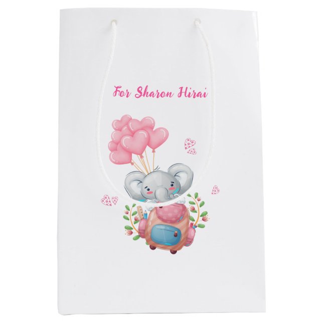 Sacola Para Presentes Média Personalize | Elefante Rosa Fofo  (Frente)