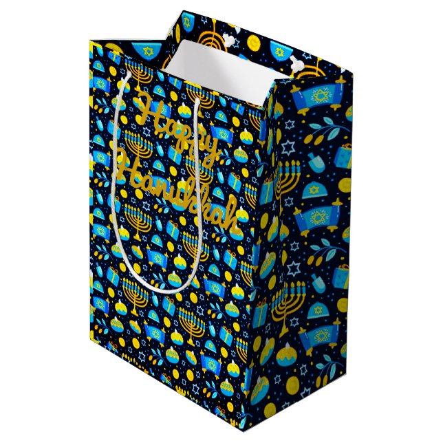 Sacola Para Presentes Média Personalize HANUKKAH Bolsa de Presente Azul Dourad (Verso inclinado)