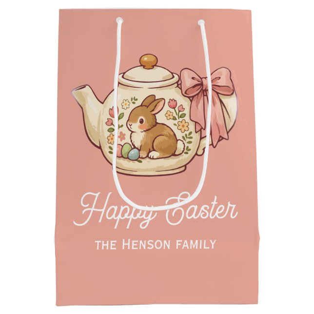 Sacola Para Presentes Média Personalized Easter Bunny Teapot Floral  (Verso)