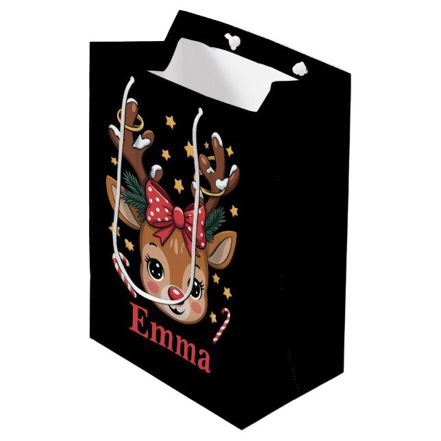 Sacola Para Presentes Média Personalized Girl Christmas Reindeer Family Xmas (Frente inclinada)