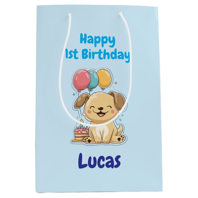 Sacola Para Presentes Média Personalized Happy 1st Birthday Gift Wrap, Puppy,  (Frente)