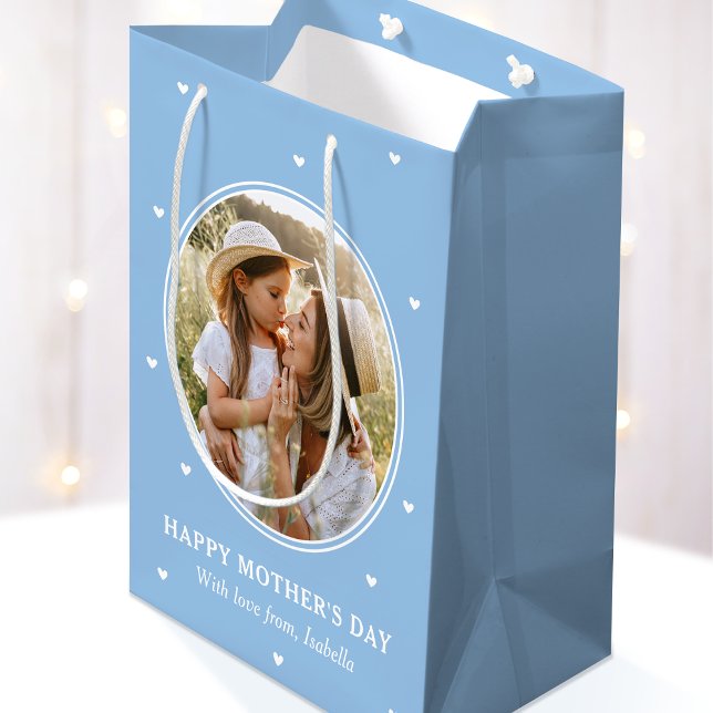 Sacola Para Presentes Média Personalized Mother's Day Photos Cute Blue White (Criador carregado)