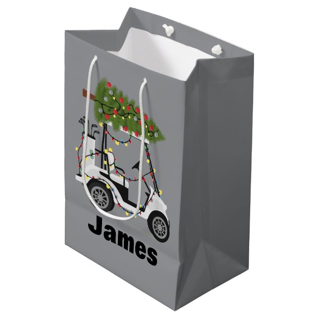 Sacola Para Presentes Média Personalized Name Golfer Christmas Golf Cart Xmas  (Frente inclinada)