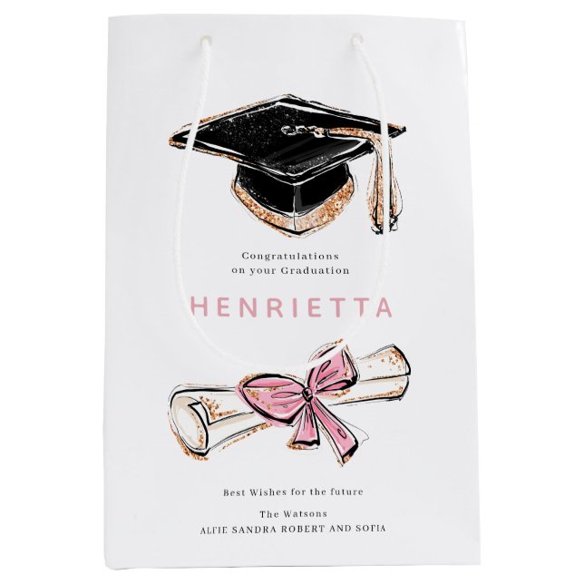 Sacola Para Presentes Média personalized Sparkling Graduation Cap Diploma Pink (Frente)