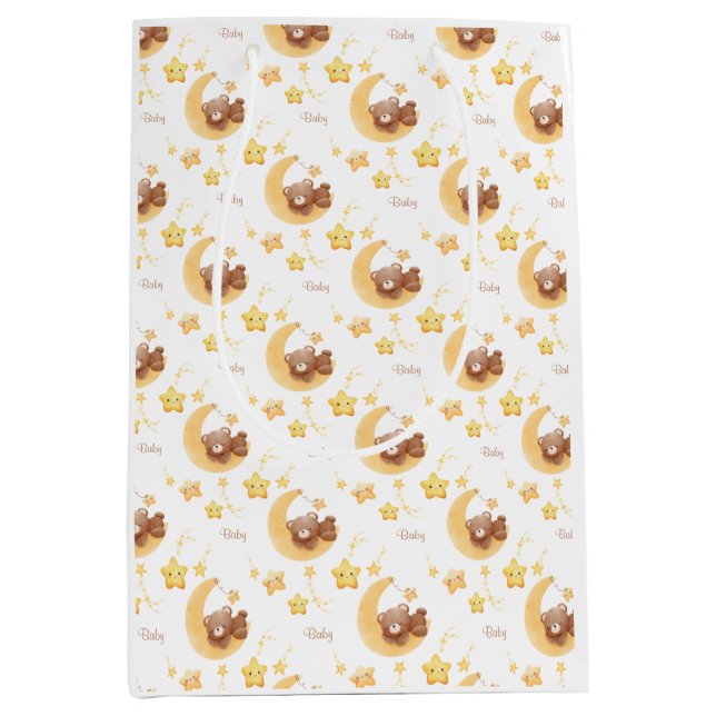 Sacola Para Presentes Média Personalized Teddy Bear Moon Baby Shower (Frente)