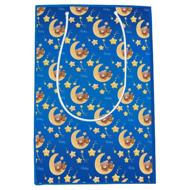 Sacola Para Presentes Média Personalized Teddy Bear Moon Baby Shower (Frente)
