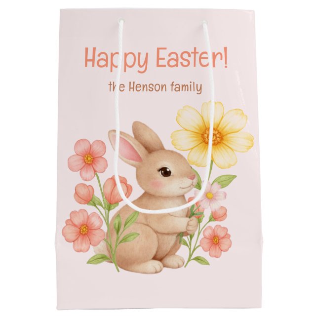 Sacola Para Presentes Média Personalized Watercolor Bunny Happy Easter  (Verso)