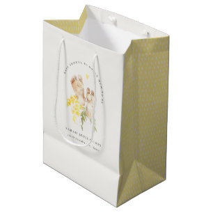 Sacola Para Presentes Média Pés-Bebês Amarelo Floral Gênero Neutro Chá de fral