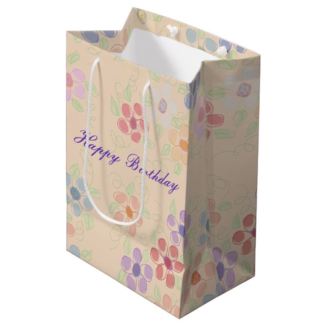 Sacola Para Presentes Média Pêssego com Impressão de Flor (Frente inclinada)