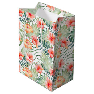 Sacola Para Presentes Média Pêssego Rosa Tropical Hibiscus Floral