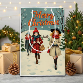 Sacola Para Presentes Média Pessoas de Ilustração Vintage indo para a Igreja d