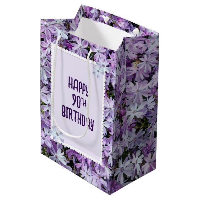 Sacola Para Presentes Média Phlox Roxo Para Aniversário De 90 (Frente inclinada)
