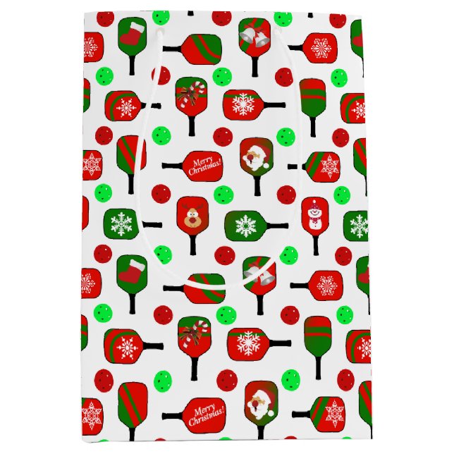 Sacola Para Presentes Média Pickleball Red Paddles Balls X-Mas (Frente)