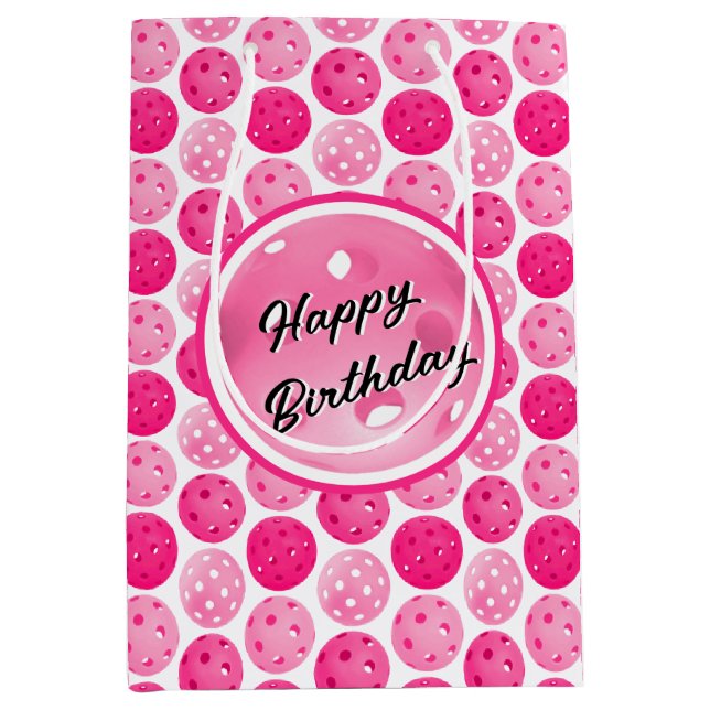 Sacola Para Presentes Média Pickleball Rosa e Picklebolas Brancas Personalizad (Frente)