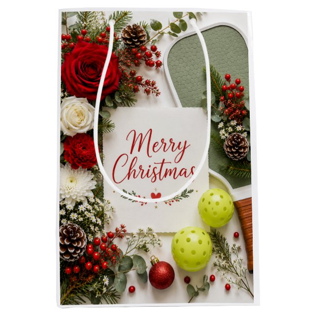 Sacola Para Presentes Média Pickleball tema de Natal  (Frente)