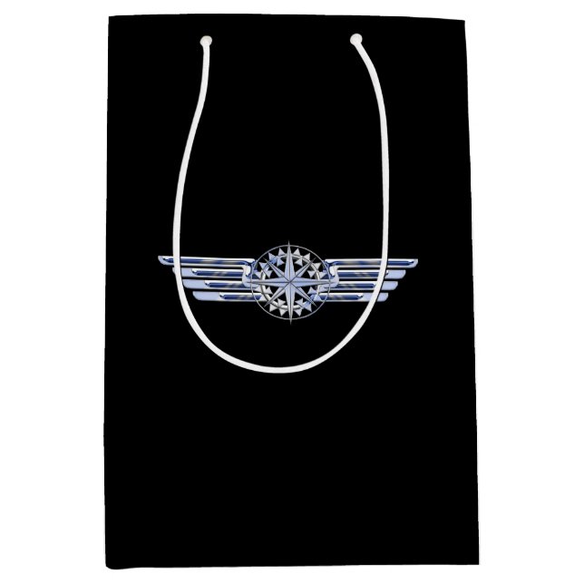 Sacola Para Presentes Média Piloto de avião Chrome Like Wings Compass em preto (Frente)