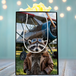 Sacola Para Presentes Média Piloto Guaxinim Avião Foto Engraçada Aniversário