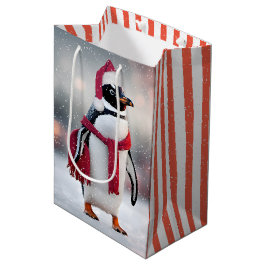 Sacola Para Presentes Média Pinguim De Natal Com Scarf Vermelho