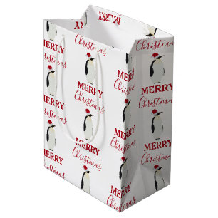 Sacola Para Presentes Média Pinguim de Natal Engraçado Animal com Papai Noel