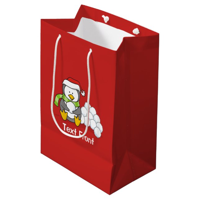 Sacola Para Presentes Média Pinguim de Natal sentado com bolas de neve (Frente inclinada)
