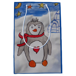 Sacola Para Presentes Média Pinguim de Neve de Inverno 