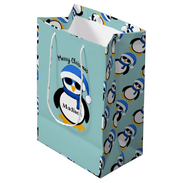 Sacola Para Presentes Média Pinguim legal bonito, feliz Natal, personalização  (Frente inclinada)