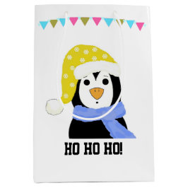 Sacola Para Presentes Média Pinguim no Holiday Hat e Scarf