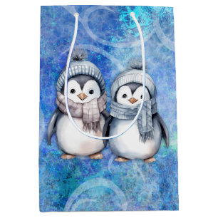 Sacola Para Presentes Média Pinguins de Aquarela Azul-Inverno Escarpando Chapé