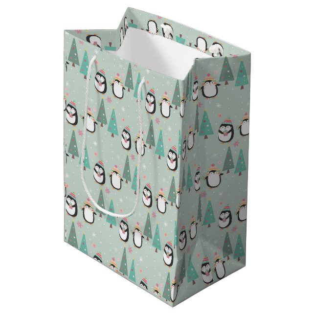 Sacola Para Presentes Média Pinguins de Natal Bonitos (Frente inclinada)