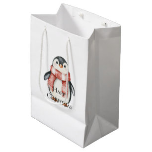 Sacola Para Presentes Média Pinguins de Pepperminta Vermelhos Natal