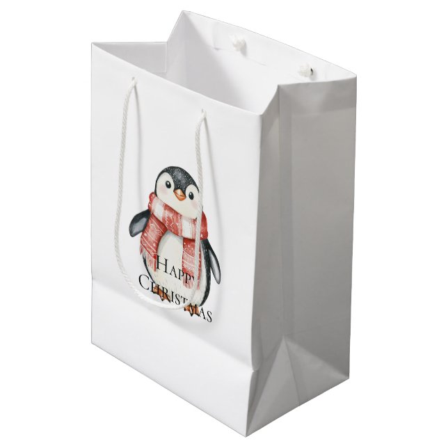 Sacola Para Presentes Média Pinguins de Pepperminta Vermelhos Natal (Frente inclinada)