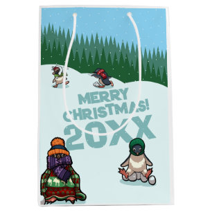 Sacola Para Presentes Média Pinguins Fofos Adicionam Ano Feliz Natal! Inverno