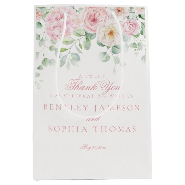 Sacola Para Presentes Média Pink Blooms Floral Hydrangea Favor do Casamento (Frente)