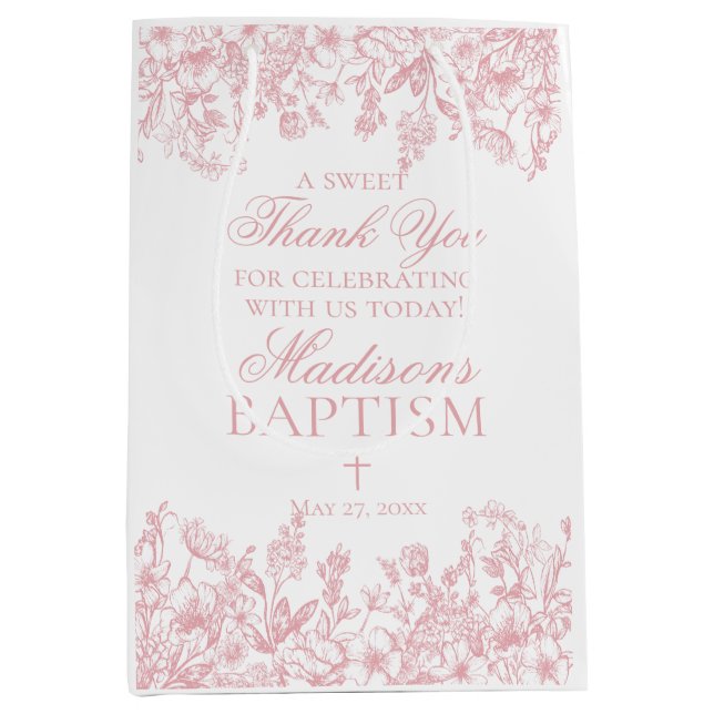 Sacola Para Presentes Média Pink Chinoiserie Vintage Floral Baptism Favors (Frente)