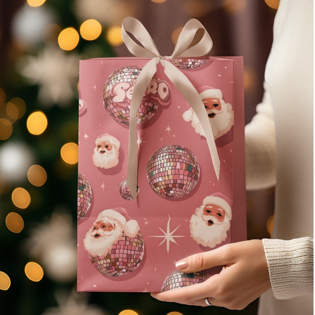 Sacola Para Presentes Média Pink Christmas Retro Santa Gift Bag (Criador carregado)