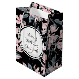Sacola Para Presentes Média Pink & Cinza Floral Watercolor Patterno Aniversári