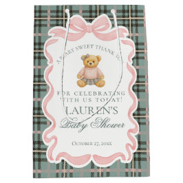 Sacola Para Presentes Média Pink Coquette Bow Bear Plaid Baby Shower Favors