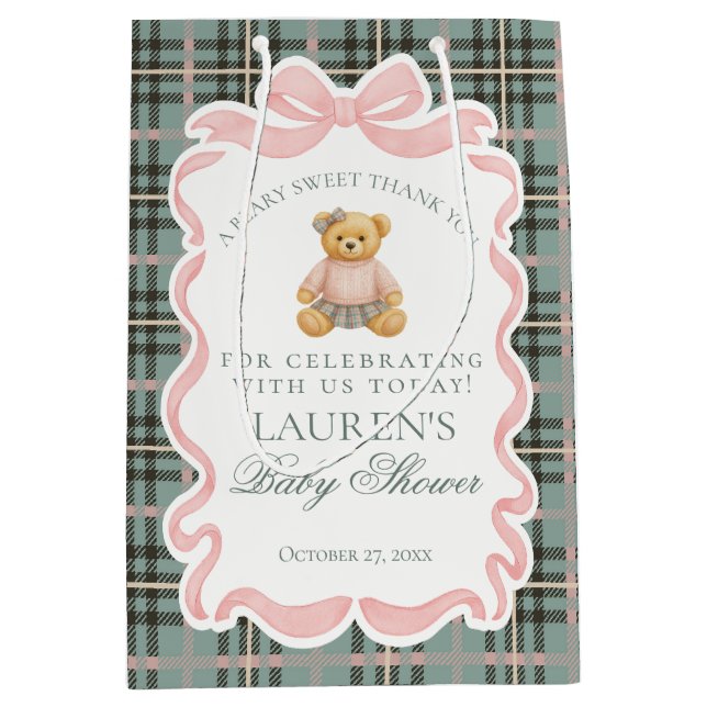 Sacola Para Presentes Média Pink Coquette Bow Bear Plaid Baby Shower Favors (Frente)