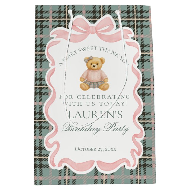 Sacola Para Presentes Média Pink Coquette Bow Bear Tartan Birthday Favors (Frente)