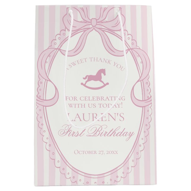 Sacola Para Presentes Média Pink Coquette Bow Rocking Horse Birthday Favors (Frente)