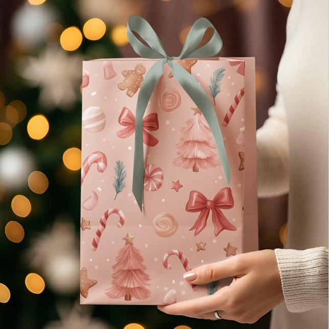 Sacola Para Presentes Média Pink Festive Christmas Whimsical Pattern Gift Bag  (Criador carregado)