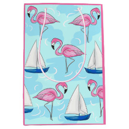Sacola Para Presentes Média Pink Flamingo Blue Sailboat Preppy