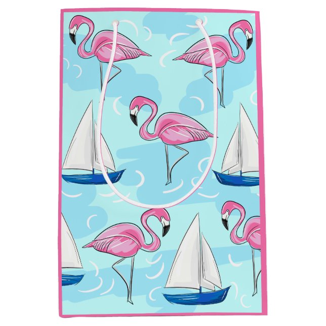 Sacola Para Presentes Média Pink Flamingo Blue Sailboat Preppy (Frente)